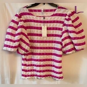 Kaktus Hot Pink and White Striped Puff-Sleeve Knit Top